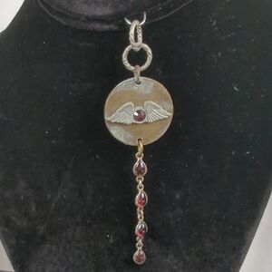 Hand Made, Wing Disc Pendant Necklace with Red Gem Drops